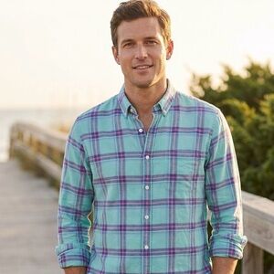 Vineyard Vines Slim Fit Murray Shirt Plaid Cotton Linen Blend Teal/Multi Size M